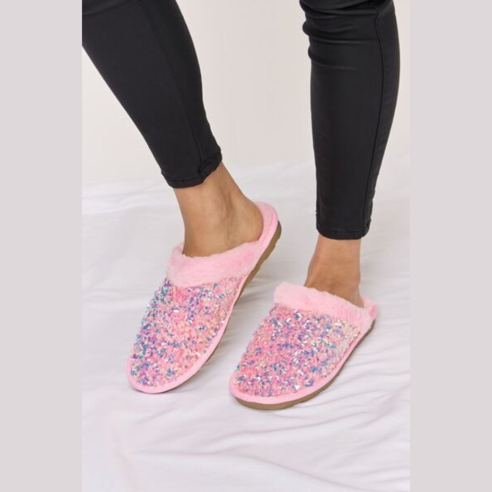 New Pink Sequin Plush Round Toe Slippers - Picture 4 of 7